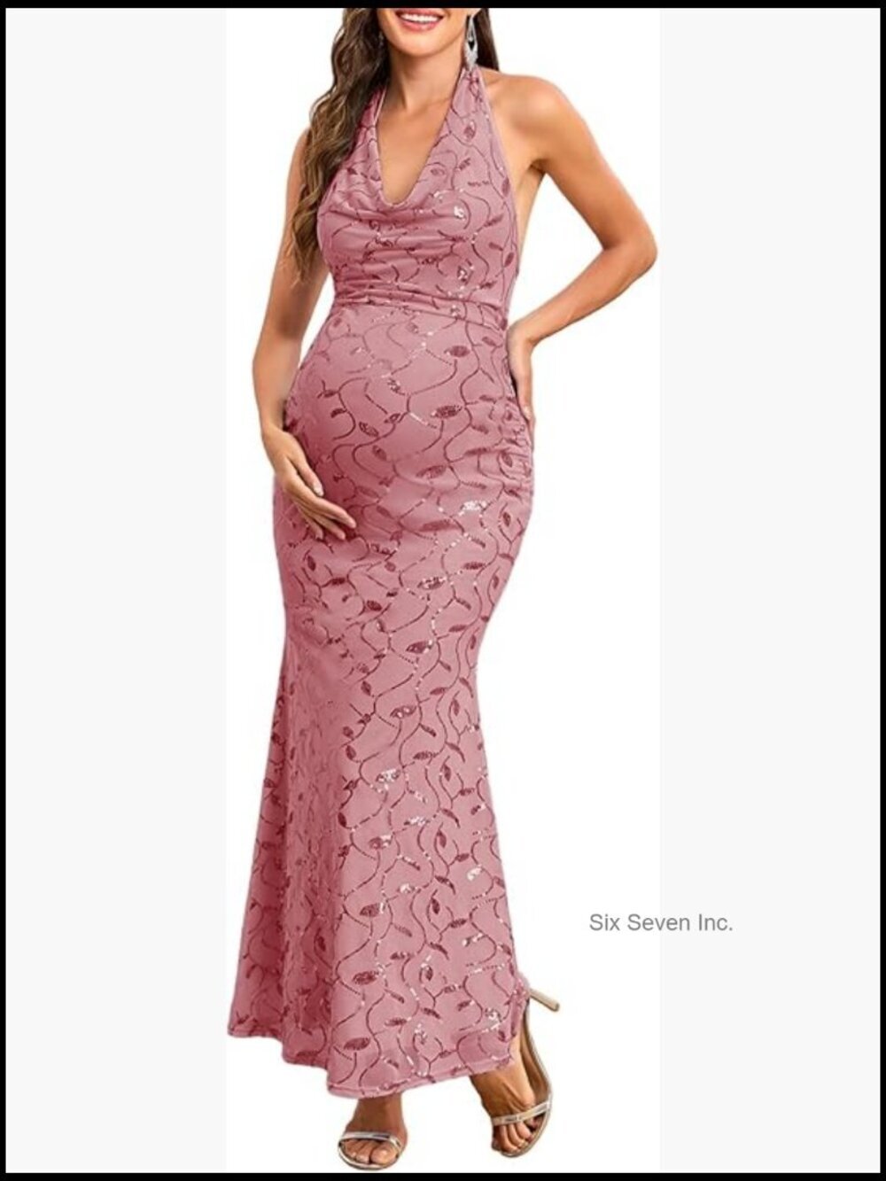 Maternity Sequin Halter Dress Ruched Mermaid Maxi Formal Photoshoot